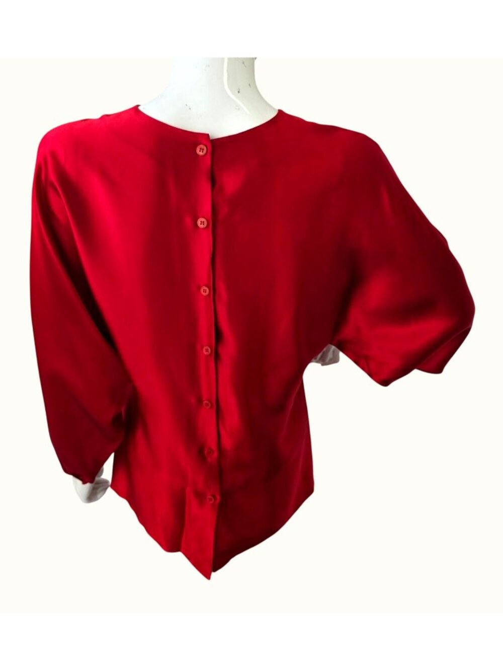 Vintage 90s Regine Red Silk Blouse Womens S/M Bishop Sleeve Draped Hem Hong Kong